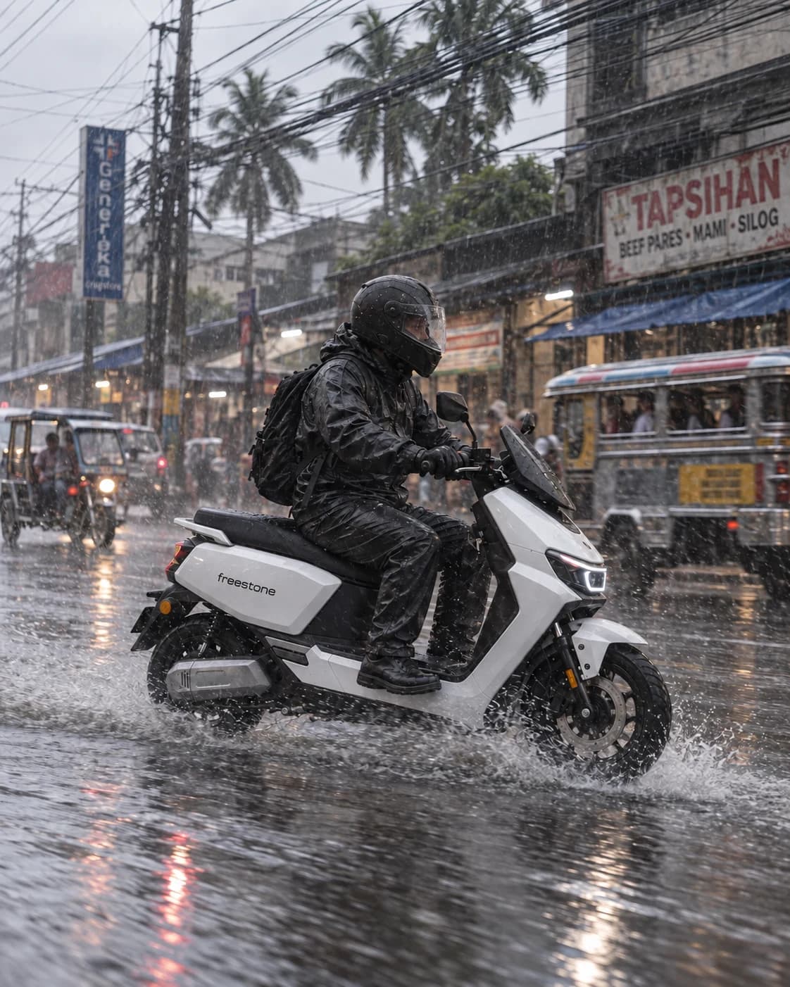 Rider on a backrest-free Pearl White Freestone 03 moving through pooled monsoon rainwater on a Philippine city street